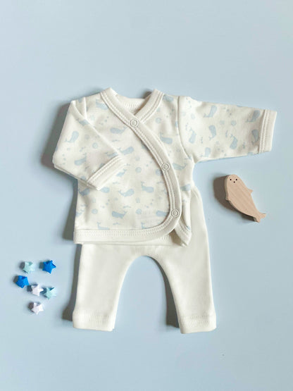 Premature Baby Set, Wrap top & trousers, Ocean Blue, Premium Organic Cotton Top & Trousers Tiny & Small 