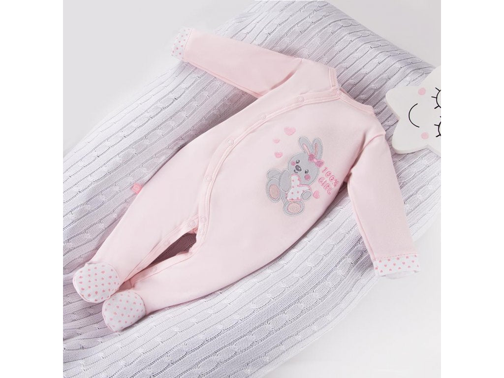 Early Baby Babygrow, Embroidered Bunny Design - Pink Sleepsuit / Babygrow EEVI 