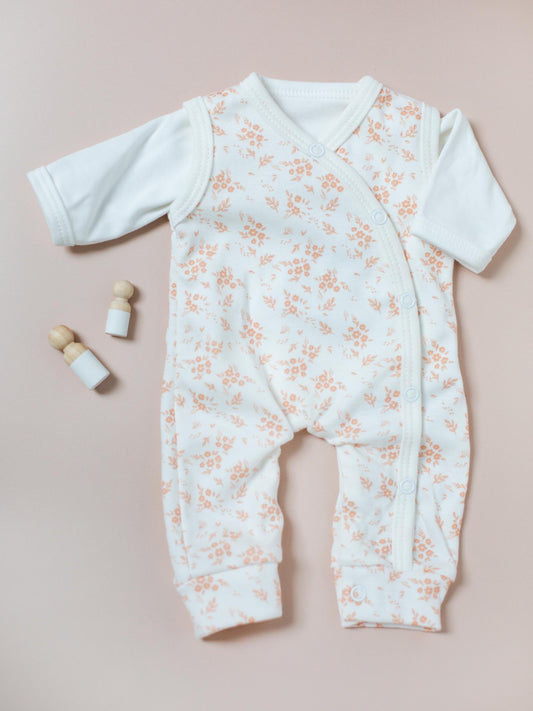 Dungaree & Top Set, Apricot Floral, Premium 100% Organic Cotton Dungaree Tiny & Small 