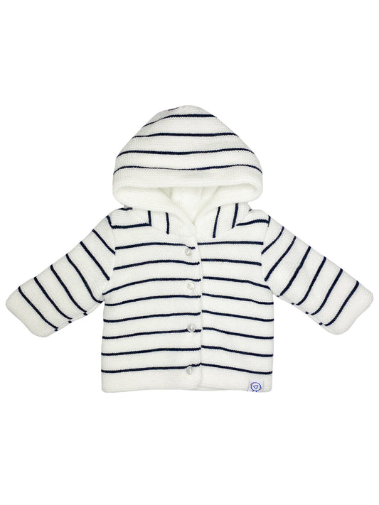 White Knitted Jacket with Breton Stripe Cardigan / Jacket La Manufacture de Layette 