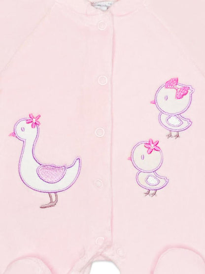 Appliqué Mother Duck & Ducklings Pink Velour Sleepsuit Sleepsuit / Babygrow Tiny Chick 