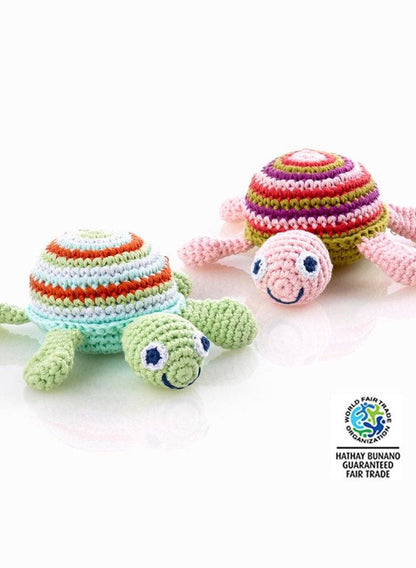 Turtle - Fair Trade Organic Crochet Baby Rattle - Pink Stripe Rattle Pebble Toys 