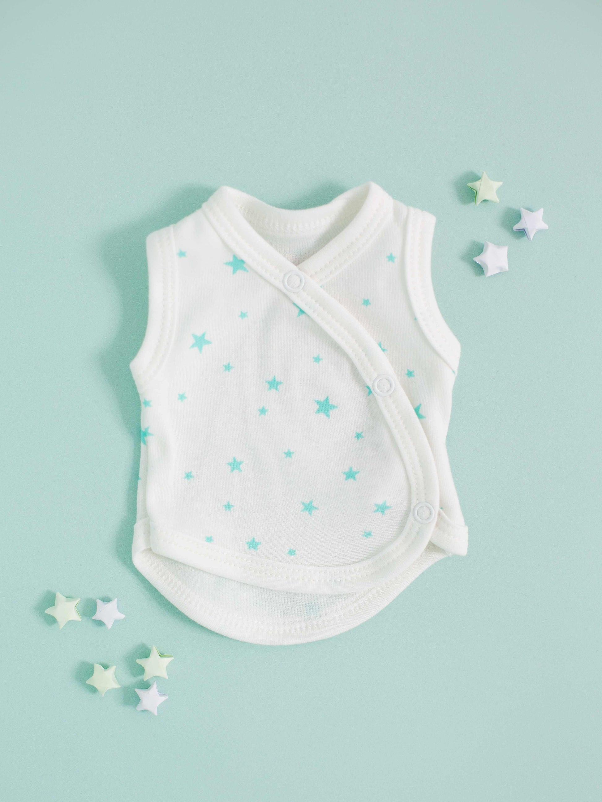 Incubator Vest, Mint Green Stars, Premium 100% Organic Cotton Bodysuit / Vest Tiny & Small 