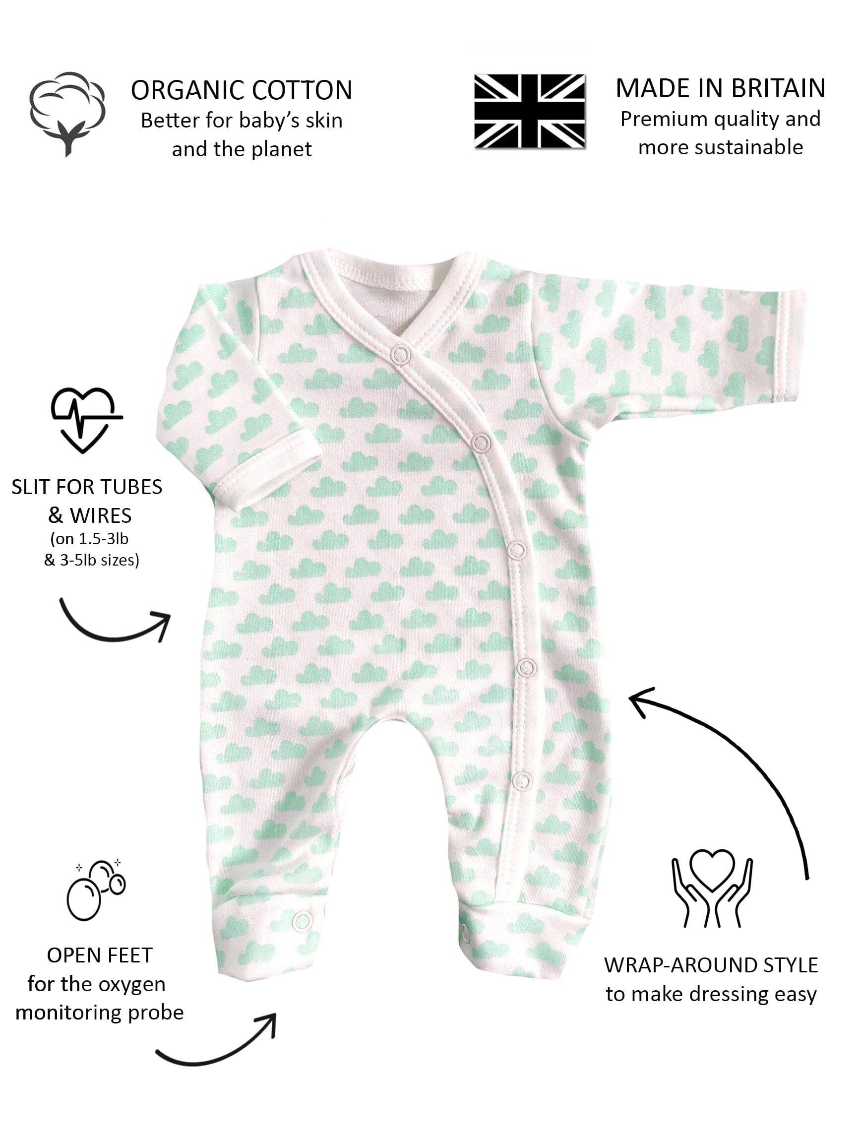 Sleepsuit, Mint Cloud, Premium 100% Organic Cotton Sleepsuit / Babygrow Tiny & Small 